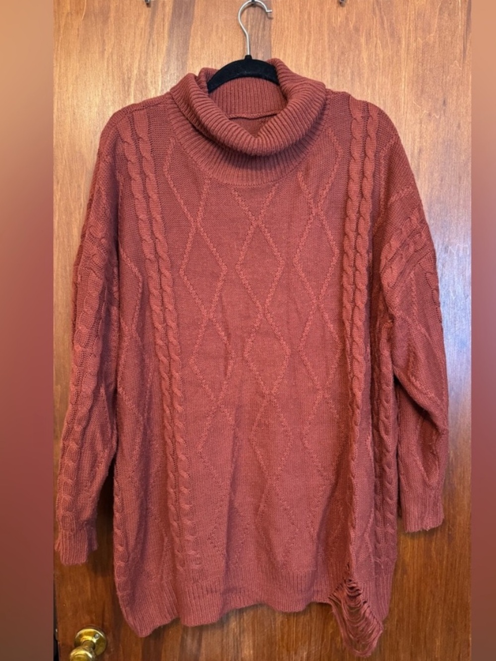 Womens Plus Size Rust Orange Cowl Neck Sweater with Distressed Details - Size 3X
